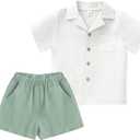 MWEALTHY Toddler Baby Boy Summer Clothes Color Block Short Sleeve Button-Down Shirt Tops + Cotton Pants Outfit Set Size 80, White Green