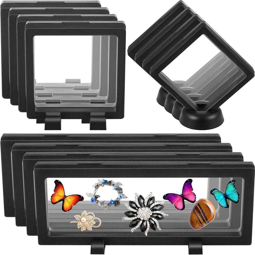 Harloon 12 Pcs 3D Floating Display Case Floating Frame Display Holder Stands Challenge Coin Jewelry Frame Box for AA Medallions Fossil Rock Gemstones Specimen(Black,Multiple Sizes,Multiple Base)
