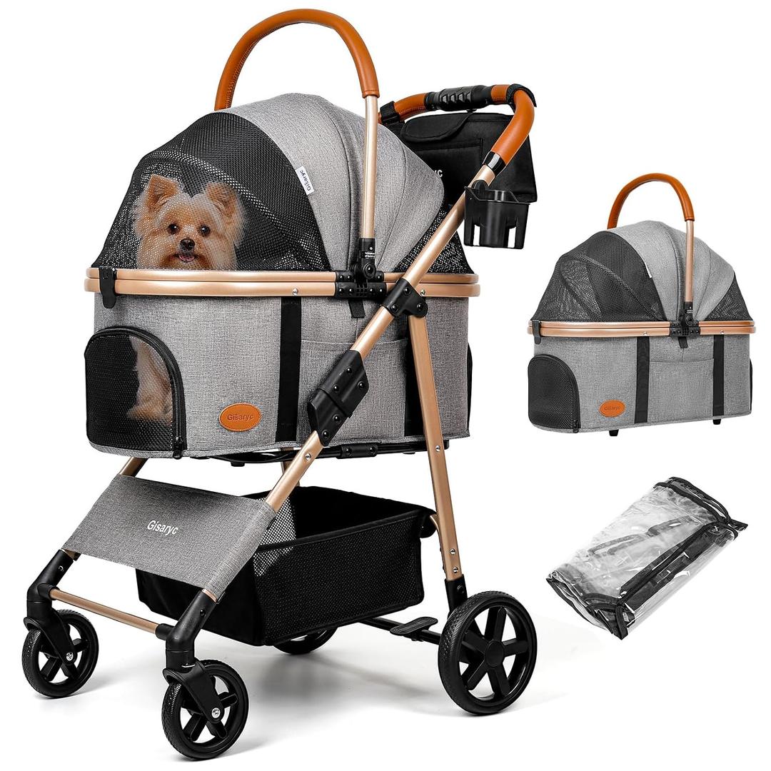 Dog Cat Stroller for Small/Medium Pets up to 50 lbs, 3-in-1 Foldable Pet Stroller with Detachable Carrier, Car Seat, Storage Basket, Cup Holder, Hanging Bag, Rain Cover, All-Terrain 4 Wheels (Grey)