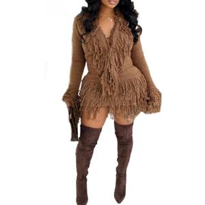Vaceky Fringe Cardigan Skirt Set Women Lightweight Sweater Jacket Bodycon Mini Skirts (X-Large, Coffee)