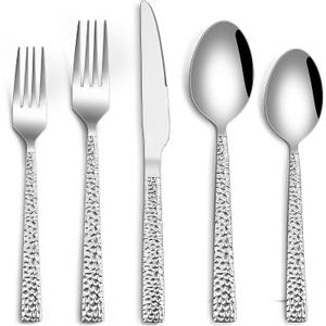 HaWare Hammered Silverware Set, 20-Piece Stainless Steel Flatware for 4, Eating Utensils Tableware Cutlery for Kitchen Hotel Restaurant Party, Mirror Polished - Dishwasher Safe