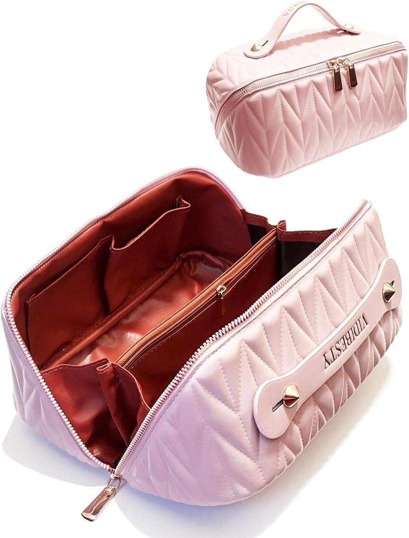 Travel Makeup Bag for Women, Large Capacity Cosmetic Bags for Girls, Compact Pouch Make up Organizer, Waterproof Toiletry Bag with Divider and Handle (Pink) (EXP 12/31/36)