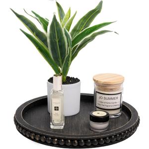 HPC Decor 12in Round Tray for Home Decor- Black Wood Beaded, Decorative Round Tray for Living Room Decor, Coffee Table Decor, Kitchen Table Decor or Farmhouse Serving Tray