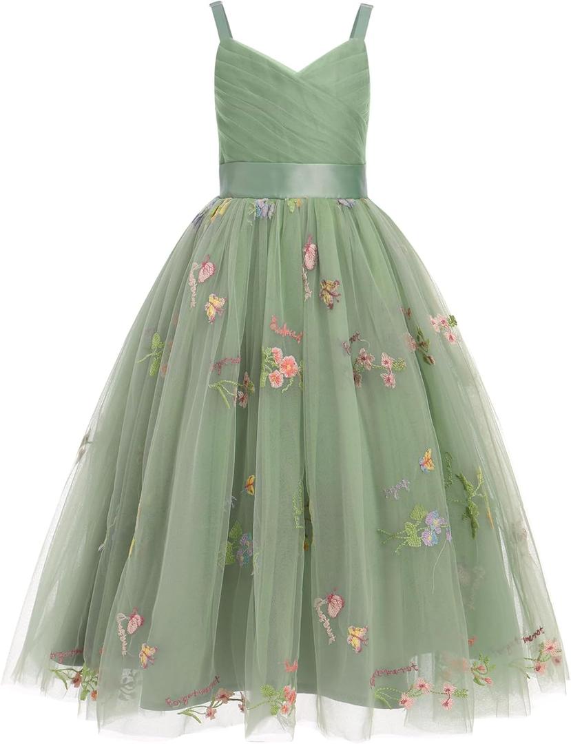 IBTOM CASTLE Flower Girls Dress Spaghetti Strap Long A Line Formal Wedding Pageant Princess Birthday Party Dance Gown (Green), Size 140