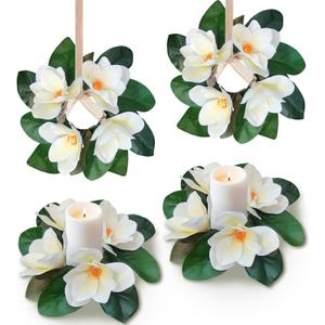 4 Pcs Magnolia Candle Rings Wreaths Artificial Floral Wreath with Green Leaves All Seasons White Magnolia Wreath for Wedding Centerpieces Table Decoration