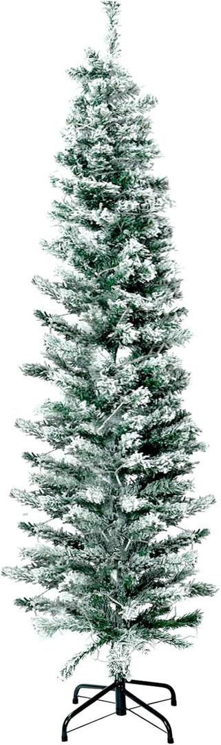 7.5 ft Flocked Pencil Christmas Tree with Lights Artificial Slim Tall Skinny Christmas Tree Snow Flocked Pine for Home Office Holiday Xmas Decoration