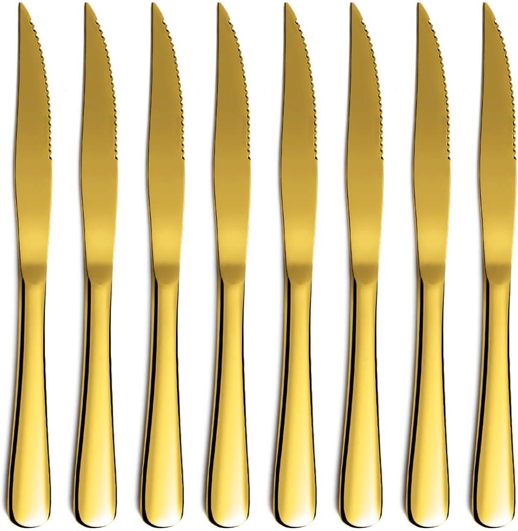 Gold Steak Knife Set, Kyrtaon Golden Serrated Knife, Titanium Gold Plating Stainless Steel Sharp Knives Set, Dinner Knifes Set of 8, Dishwasher Safe Sturdy And Easy To Clean