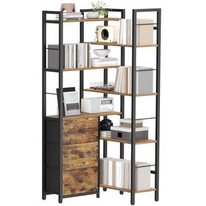 YATINEY Corner Bookshelf, 7 Tier L-Shaped Bookcase with 3 Drawers, Storage Corner Shelf, Freestanding Tall Display Shelf, Industrial Style, for Living Room, Home Office, Rustic Brown and Black SJ10BR