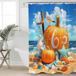 Autumn Pumpkin Shower Curtain Summer Beach Starfish Seagull Waterproof Shower Curtain with Hooks Seasonal Thanksgiving Fall Shower Curtains for Bathroom, Hotel, Stalls, Bathtubs, 72x72 Inch (Orange Blue)