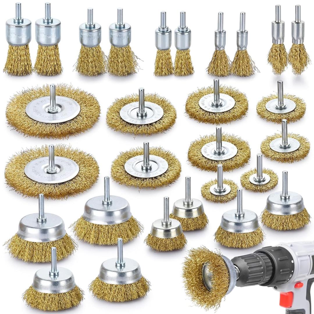 Brass Wire Brush for Drill Rust Removal, Wire Wheel for Drill, Cup Brush and End Brush Set, Wire Brush Drills Attachments, 1/4" Drill Shank, Carbon Steel Bristles (Brass Wire Brush, 28)