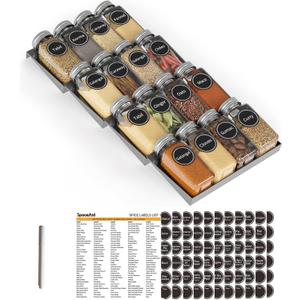 SpaceAid Spice Drawer Organizer with 16 Spice Jars, 386 Spice Labels, 4 Tier Seasoning Rack Tray Insert for Kitchen Drawers, 7.5" Wide x 17.5" Deep