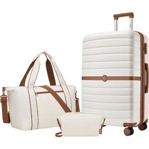 Kono Luggage Sets 3 Piece, Expandable 28 Inch Luggage with Spinner Wheels, Lightweight & Anti-Scratch PC+ABS Hardshell Travel Rolling Suitcase Large Checked Luggage with Tote Bag, White/Brown