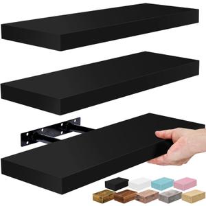 Sorbus Floating Shelves for Wall – 16 Inch Floating Shelf for Kitchen, Bedroom, Living Room, Bathroom, Home & Wall Decor - Mounted Bathroom Shelves with Invisible Brackets (Black, 3 Pack)