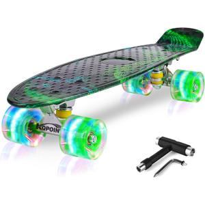 Skateboards, 22" Complete Skateboard, Mini Cruiser Skateboard for Kids Boys Girls Teens Beginners with Colorful Flashing Wheels Skate Tool, Kids Children's Day Gift (Aurora green)