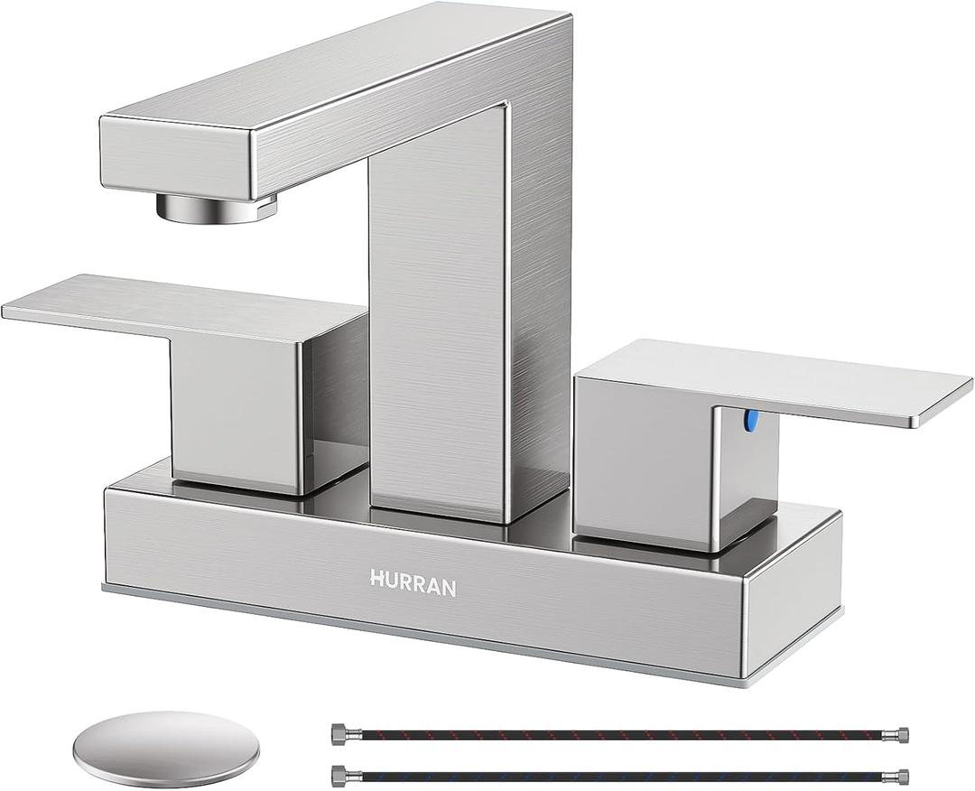 Bathroom Sink Faucet, Hurran 4 inch Brushed Nickel Bathroom Faucets for Sink 3 Hole with Pop-up Drain and Supply Lines, Stainless Steel 2-Handle Lead-Free Faucet for Vanity RV Restroom