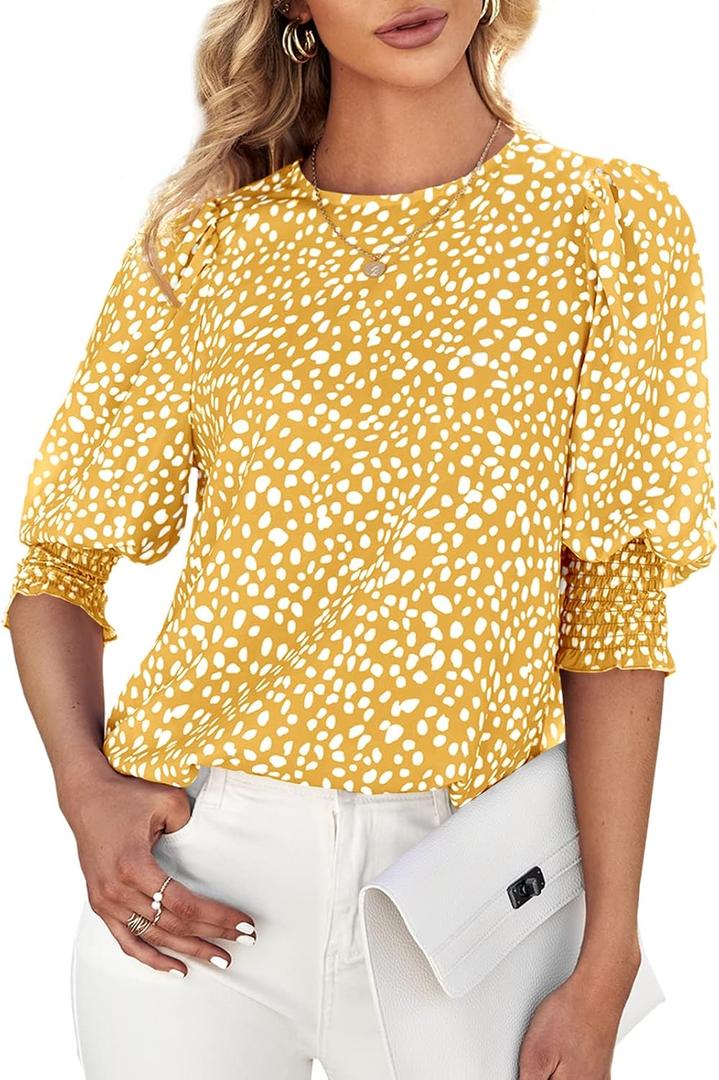 Teurkia Women's Polka Dot 3/4 Sleeve Blouse Tops Ladies Casual Office Work Crew Neck T-Shirt, L