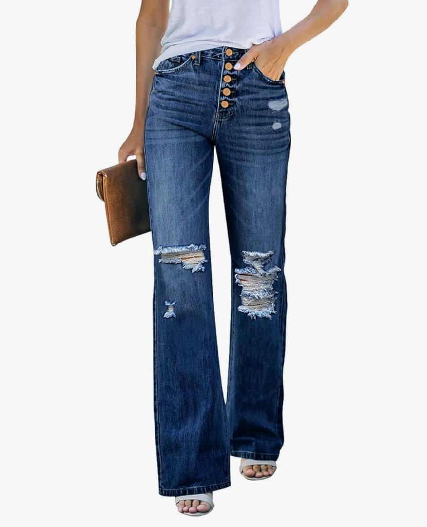 LookbookStore High Waisted Ripped Flare Jeans for Women Distressed Bell Bottom Jeans Wide Leg Pants L