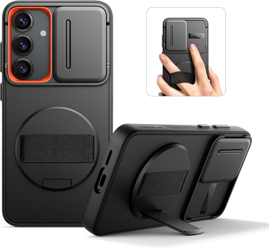 SURITCH for Samsung Galaxy S25 Case with 360 Rotatable Hand Strap Phone Grip & Invisible Kickstand & Slide Camera Cover, Rugged Shockproof Protective Cover for S25 -Black