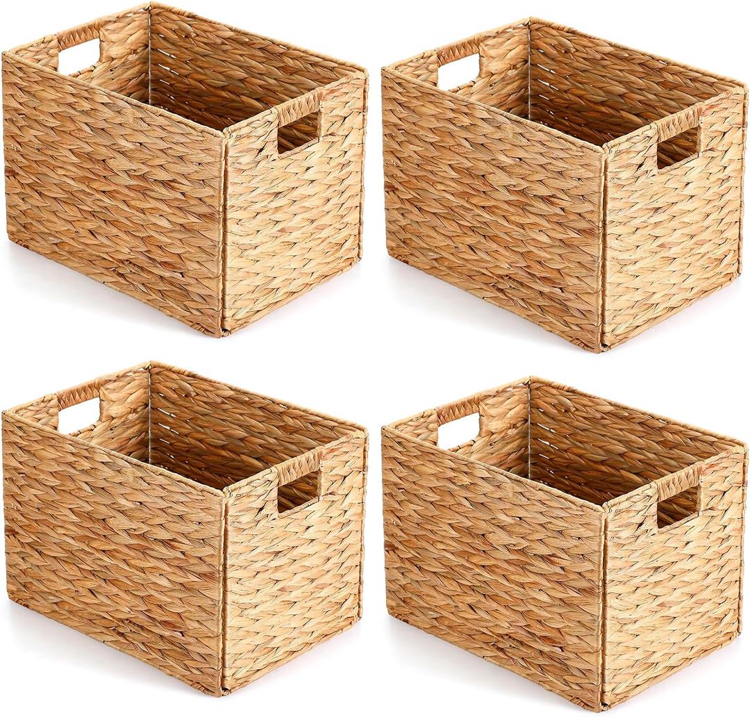 Layhit 4 Pcs Wicker Storage Basket Water Hyacinth Handwoven Baskets with Handles Foldable Woven Organizer Multipurpose Wicker Storage Bins for Bedroom Living Room(16 x 11 x 11'',Natural)