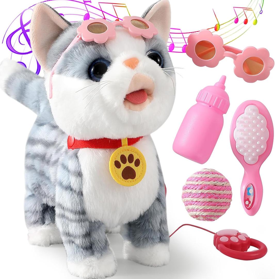 Gray Walking Cat Set Interactive Toy Cat for Girl Repeat What You Say Toy Kitten Talking Singing Dancing Touch Control Robot for Kid with Leash Wagging Tail Nodding Plush Electric Kitty