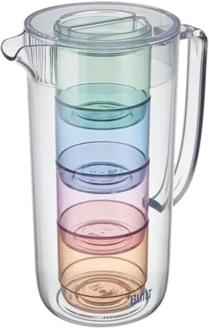 Acrylic Lagoon Pitcher With 4 Stackable Tumblers, Break-Resistant, Rainbow