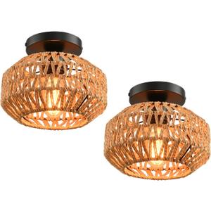 2 Pack Farmhouse Light Fixtures Ceiling Mount,Mini Rattan Boho Semi Flush Mount Ceiling Light,Hand Woven Hallway Light Fixtures for Bedroom Entryway Nursery Study Room
