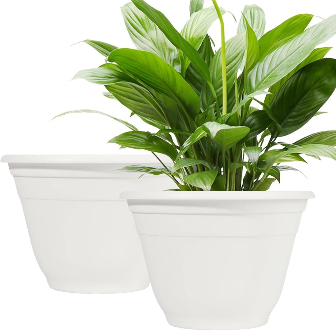 Plant Pots for Plants, 6.5/8.5/10.5/12.5/13.5/15.5/17 Inches Plastic Round Flower Potswith Drainage Holes Garden Planters for Plants Patio Porch Yard Gardening Home Decor (White, 10.5in 2PCS)