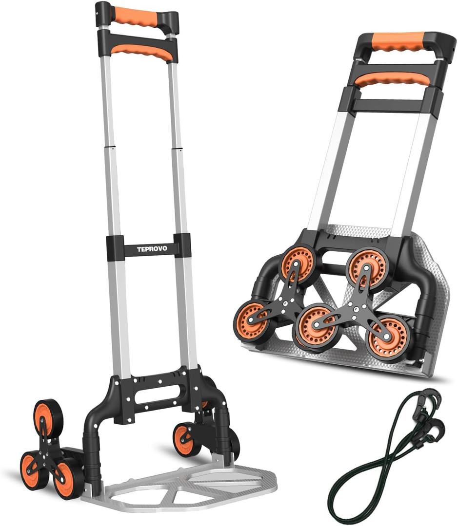 Stair Climbing Folding Hand Truck, 200LBS Aluminum Hand Cart Dolly with 6 Wheels & Bungee Cord, 2-Level Adjustable Handle (38" & 43.3"), Lightweight Portable Hand Truck for Moving, Shopping, Travel