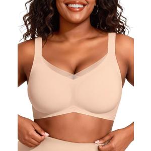 Vertvie Wireless Bras for Women No Underwire Supportive Mesh Crossover Bra Seamless Push Up Full Coverage Everyday Bralettes (Small, Warm Sand)