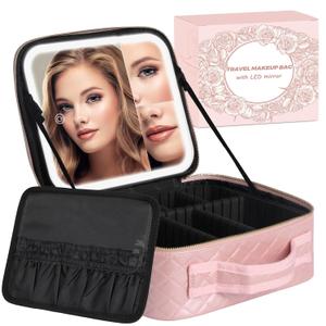 Makeup Bag with LED Lighted Mirror| Portable Makeup Organizer Train Case with 2X/3X Magnification & 3 Color Lights for Precision, Adjustable Brightness| Elegant Gift Packaging, Gift for Women, Pink (Large)