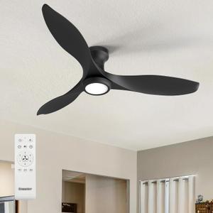 Ensenior 52 Inch Flush Mount Ceiling Fan with Light and Remote, Black Low Profile Ceiling Fans with Lights for Bedroom Living Room, 3 ABS Blades, Modern Quiet Reversible DC Motor, 3CCT, 6 Speeds