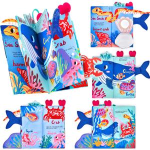 JoyCat Baby Books 0-6-12 Months - Ocean Tummy Time Toys Mirror - Montessori Sensory Activity Cloth Book with 3D Crab & Fish - Newborn Easter Basket Stuffers