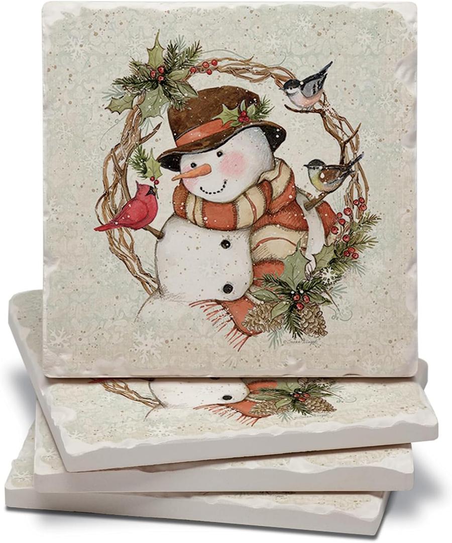 Thirstystone Winter Forest Snowman 4 Pack Tumbled Tile Stone Coasters with Protective Cork Backing 4" Square Manufactured in The USA