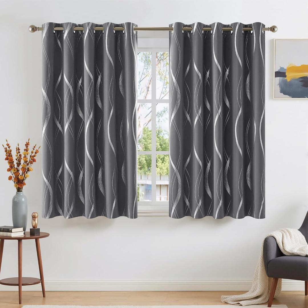 NICETOWN Grey Patterned Blackout 54 inch Long Curtain for Cafe, 66 x 54 inch, Short Thermal Insulated Wave Line Foil Print Design Drapes for Cloest and RV, 2 Panels