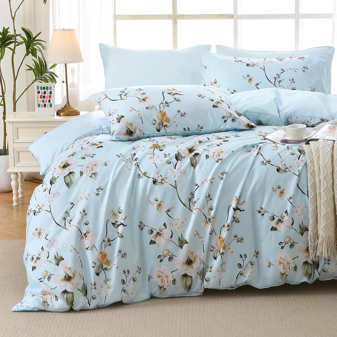 MUXHOMO Ceiba Blue Full Comforter Set, Elegant Floral Print Bed in a Bag 7 Pieces, Ultra Soft & Breathable Reversible Botanical Pattern Bedding Set with Comforter, Sheets, Pillowcases, and Shams (Full(82"x86"))