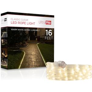 UltraPro LED Rope Lights, 16ft Classic Clear Rope, Warm White Light 3000K, Indoor/Outdoor, Flexible, Linkable, Durable, Rope Lights Outdoor, 54503