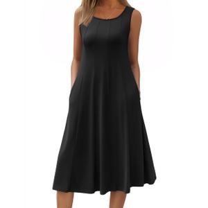 HOTOUCH Summer Casual Dresses for Women Sleeveless Midi Dress Swing Tank Sundress Pleated Tshirt Dress with Pockets, Black, Size 2XL