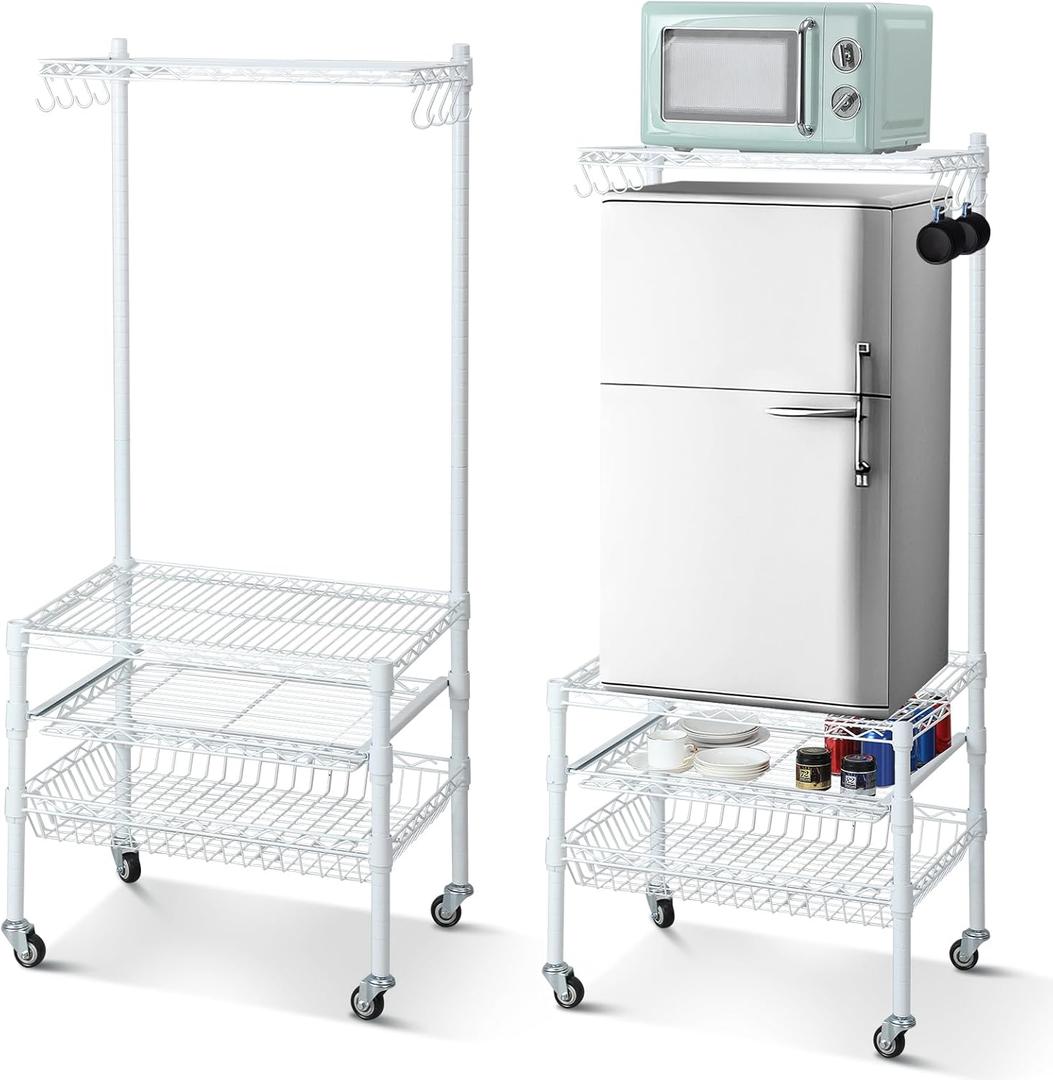 1 Pcs Portable Mini Fridge Organizer Shelf with Wheels & 8 S Hooks, Mini Fridge Storage Stand, Microwave Stand for Dorm Room, Apartment & Kitchen, Compact Shelving for Small Space, White