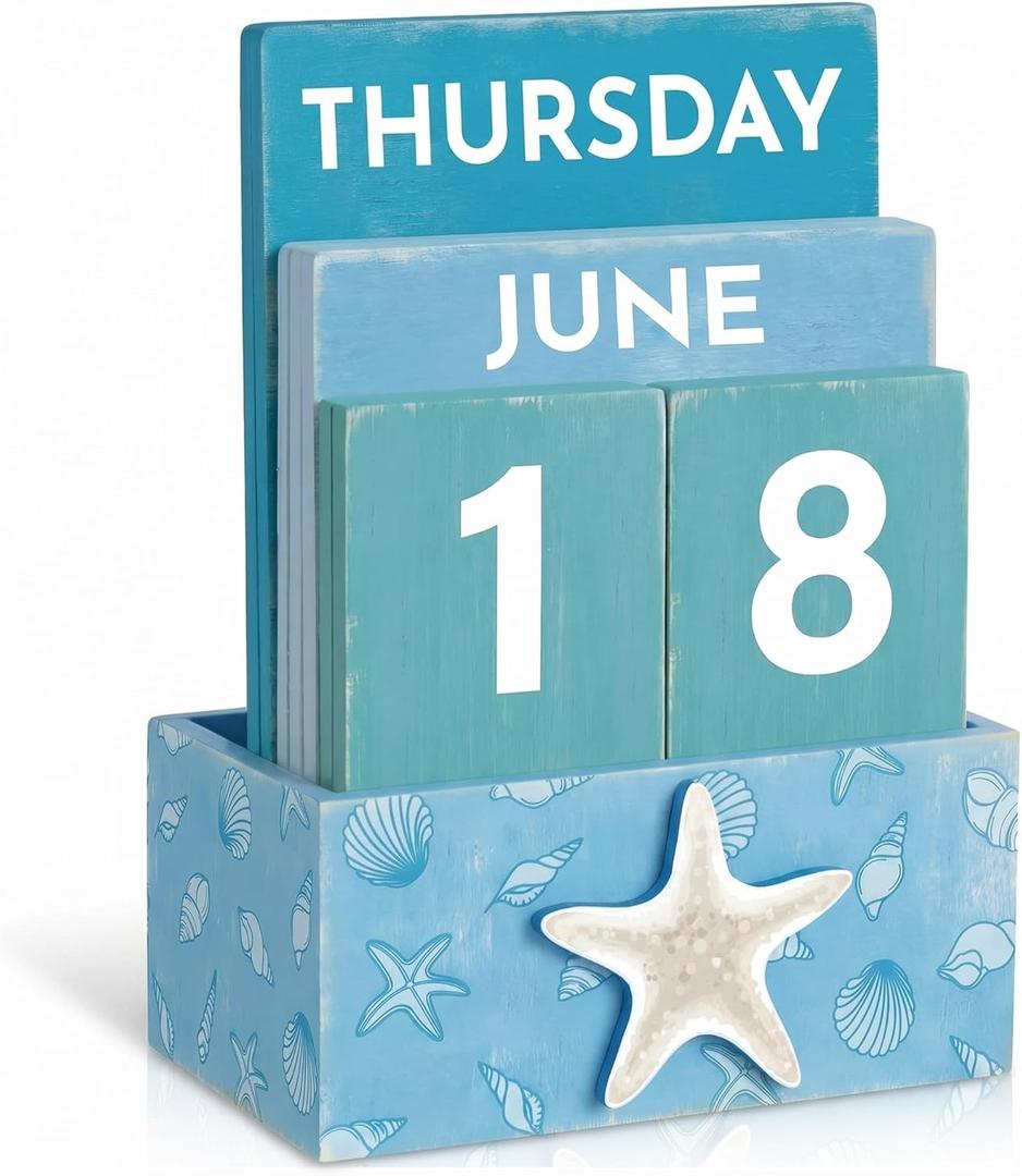 Hoteam Summer Beach Wood Perpetual Calendar for Desk Blue Ocean Theme Block Calendar Table Decor with Starfish Seashell Vintage Cute Month Date Display Blocks for Home Office Desk Accessories Gift