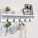 BAMEOS Wall-Mounted Wood Shelf with 5 Dual Hooks for Bathroom, Living Room, Bedroom (White-with Shelf)