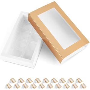 20 Truffle Box, Chocolate Gift Box Packaging, Candy Boxes with 8-Piece Plastics Tray (Tray Size with 5.75x2.75 Inches), Pull Out Packing with Clear Window Sleeves, Gold