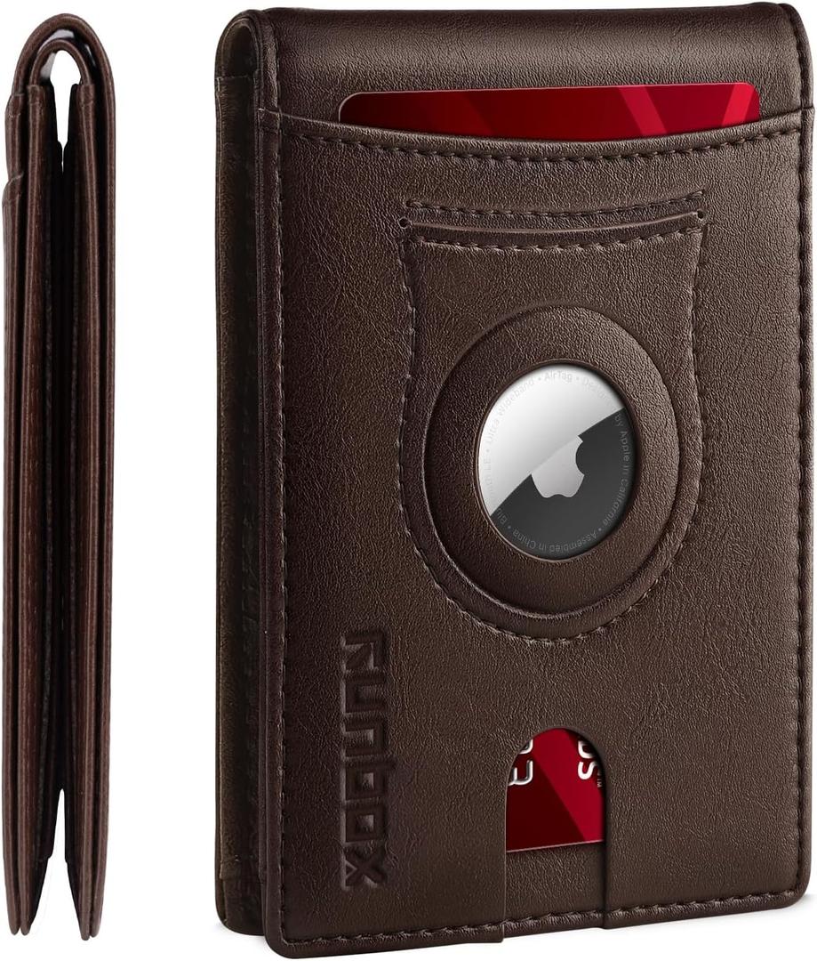 RUNBOX AirTag-Wallet-Mens-Slim-RFID Blocking Wallets Leather with Bill Compartment Air Tag Bifold Card Holder Wallet Gifts for Men Dad (Oil Coffee)