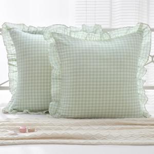 K MASANIJI 2 Pack Pile Green White Plaid Ruffle Gingham Euro Shams Pillow Covers, 100% Washed Cotton Checkered Farmhouse Pillowcases for Bed/Sofa Envelope Closure - 26''x26''
