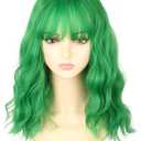 Green Short Bob Wavy Wig with Air Bangs Heat Resistant Shoulder Length Curly Wigs for Daily Use, Cosplay and Theme Party