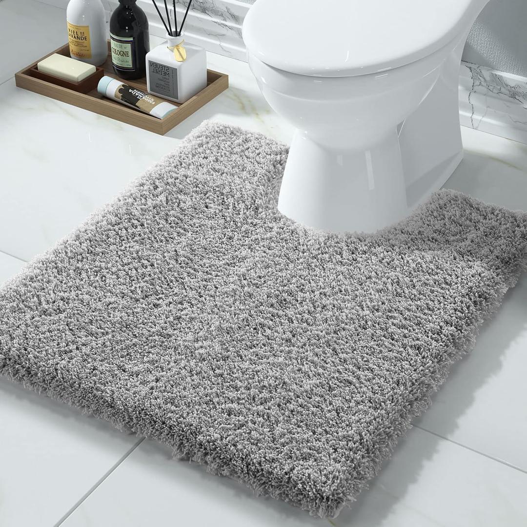 Yimobra U Shaped Toilet Bath Rug, Fluffy Plush, Super Shaggy Soft Non Slip, Water Absorbent Microfiber Bath Mat, Dries Quickly, Machine Washable Thick Bathroom Rugs, 20"x 24", Pure Gray