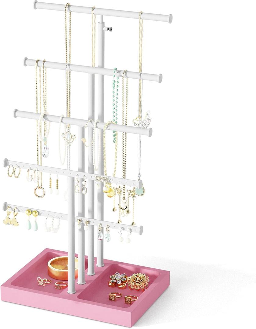 Love-KANKEI Jewelry Organizer Stand, 5 Tier Large Necklace Holder with Wood Base, Jewelry holder stand Tree for Display, Bracelets Earrings Rings, Height Adjustable Gift Pink and White