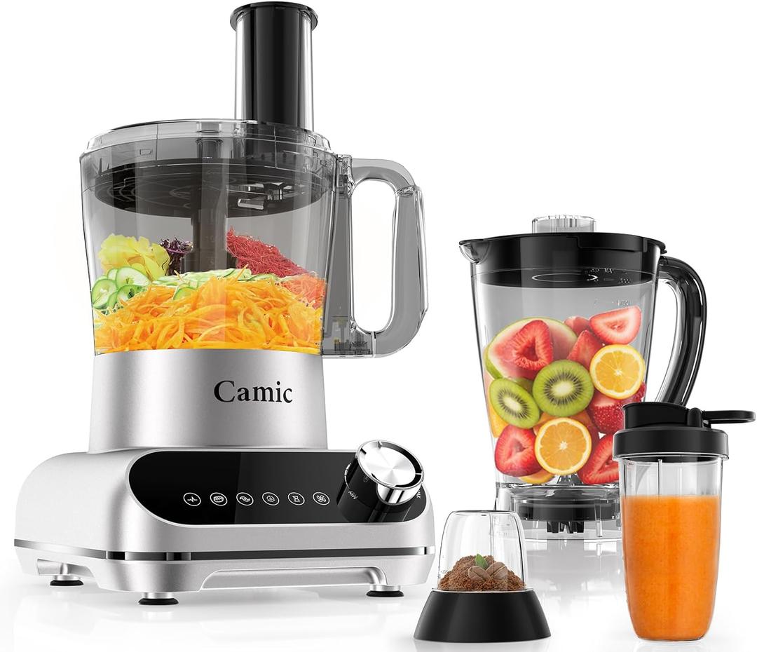 Camic Blender & Food Processor Combo, 600W, 6 Functions for Smoothies,Chopping, Slicing, Shredding, Grinding, Dough & More, 72-oz.Blender Pitche, 64-oz.Processor Bowl, 13-oz.To-Go Cup,6-oz.Grinder Cup,(Sliver) (Premium Version, Silver)