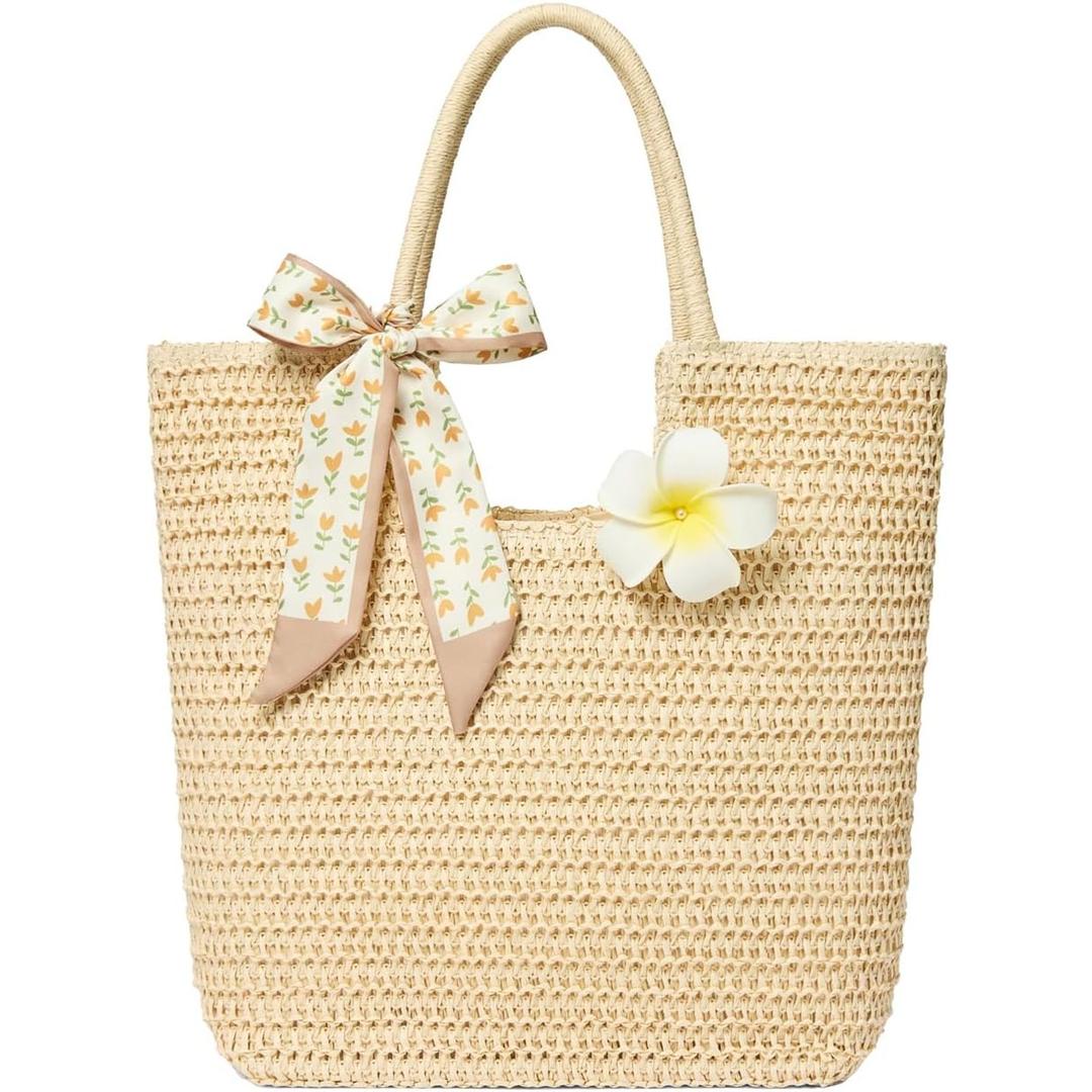 Straw Tote Bag for Women, Large Summer Beach Bag with Polka Dot Scarf & Plumeria Flower (Beige)
