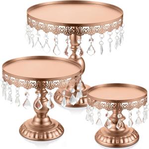 Eaasty 3 Pcs Cake Stand Set Round Cake Stand with Crystal Bling Pendants Dessert Table Display Set for Wedding Event Birthday Party Dessert Table(Rose Gold)
