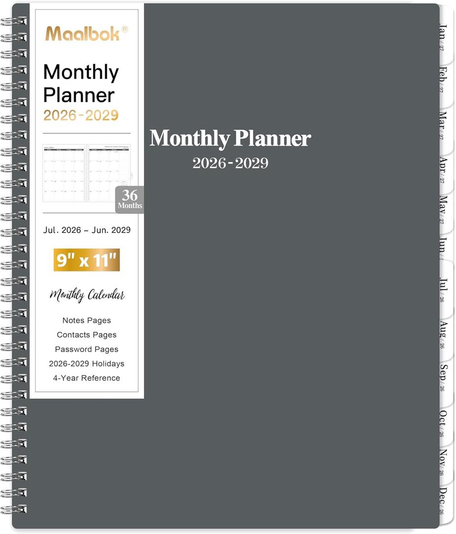 2026-2029 Monthly Planner/Calendar - July 2026 - June 2029, 3 Year Months Planner 2026-2029, 9'' x 11'', 36 Monthly Tabs, 2-Side Pocket, Gray